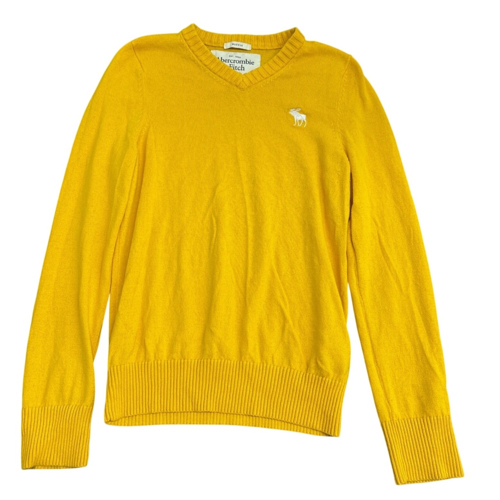 Abercrombie & Fitch Yellow V-Neck Muscle Fit Long Sleeve Moose Logo Sweater M
